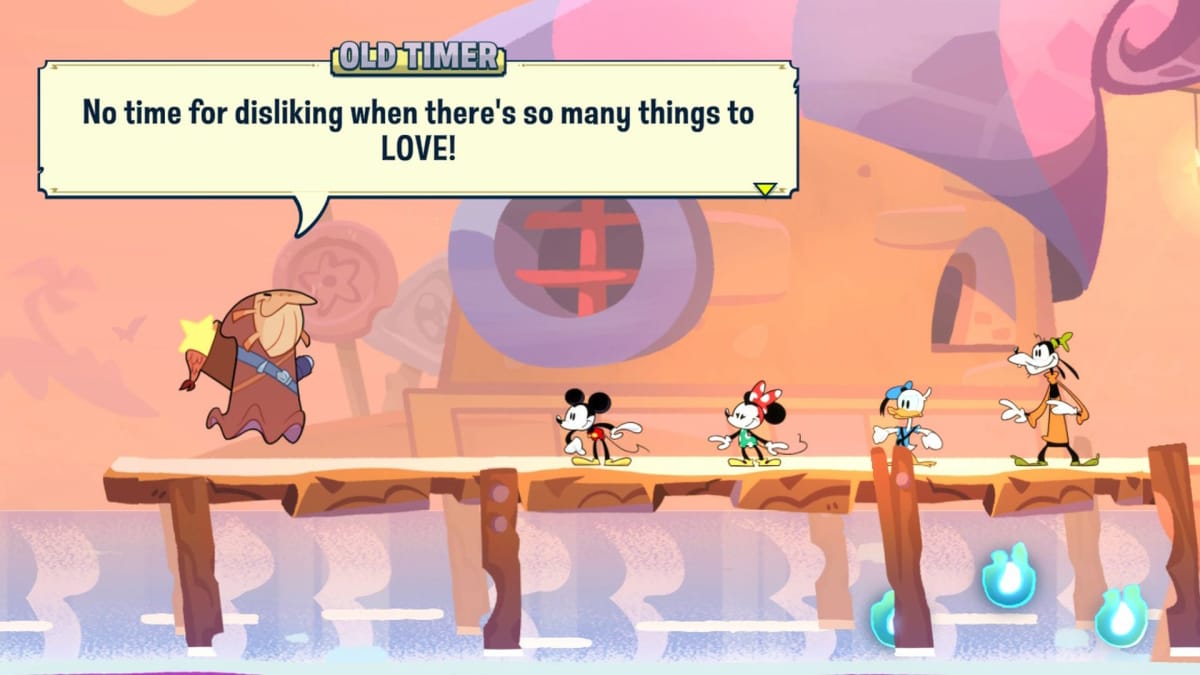 Mickey and crew interacting with an NPC who loves everything in Disney Illusion Island