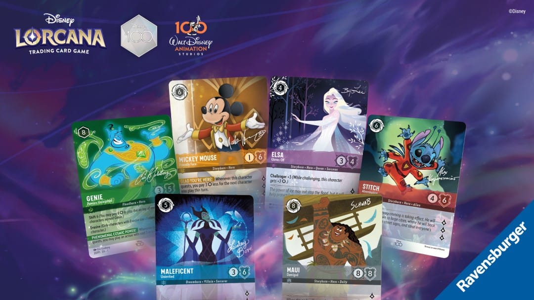 A close up of unique, autographed card artwork of Aladdin's Genie, Elsa, Stitch, Mickey Mouse, Maui, and Maleficent from Disney Lorcana: Disney100 Edition