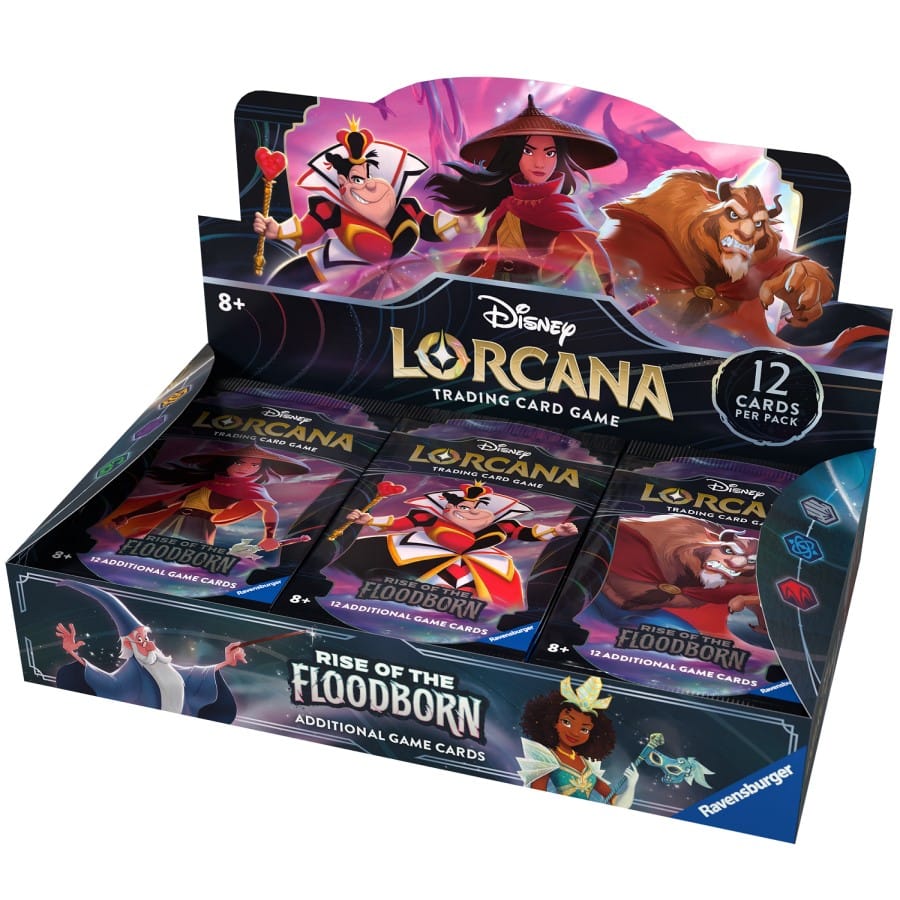 An image of a box of Disney Lorcana Rise of the Floodborn booster packs. The artwork features The Beast, Queen of Hearts, Merlin, and Princess Tiana