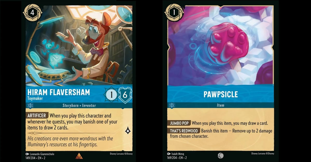 Lorcana Rise of the Floodborn Pawpsicle and Toymaker cards.