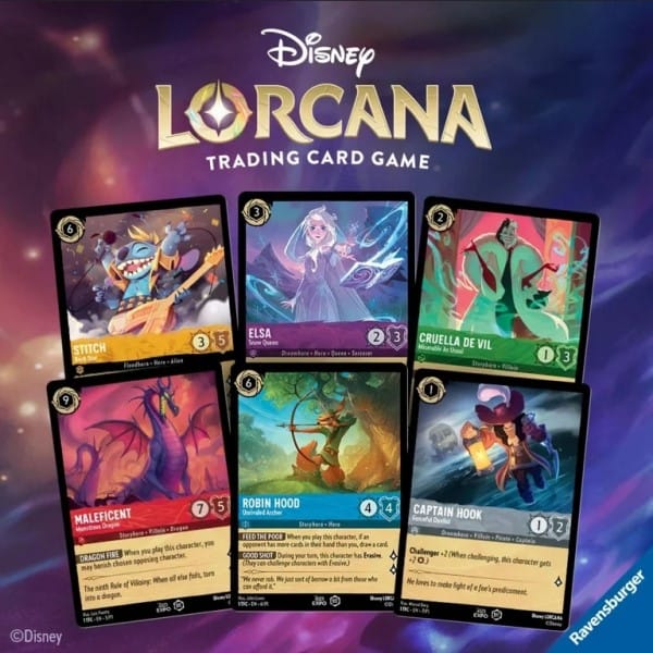 A promotional image of several DIsney Lorcana TCG cards, including Maleficent, Cruella De Vil, and Captain Hook