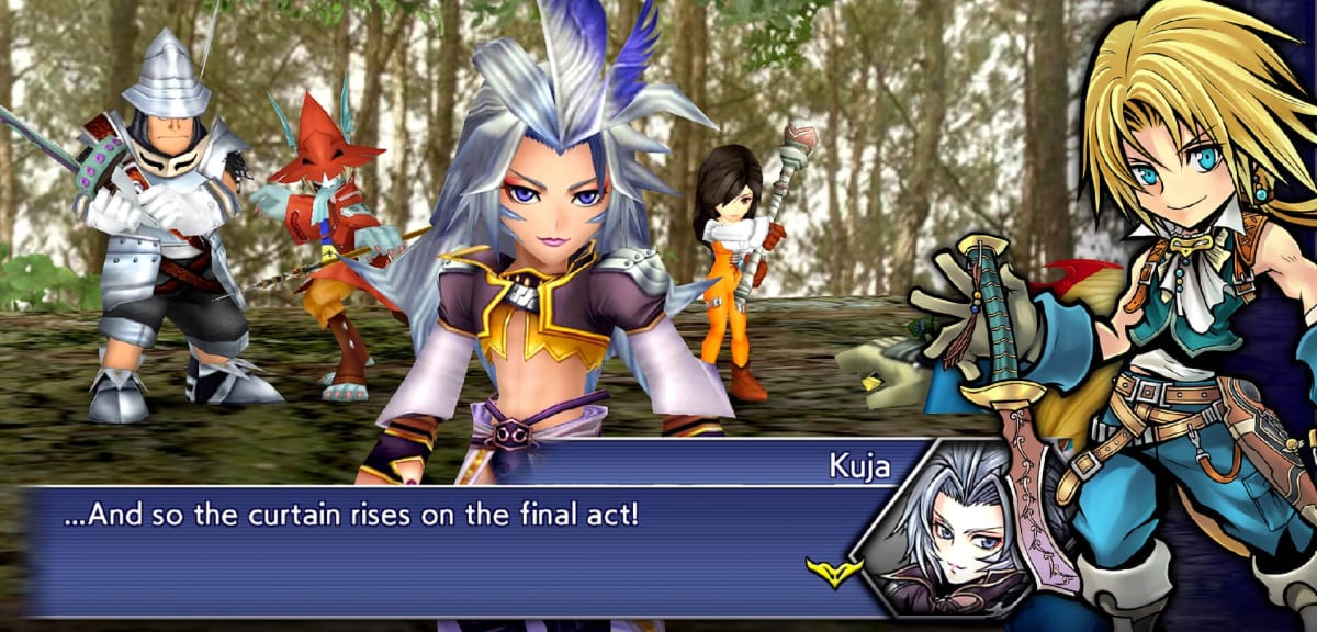 Kuja saying "...and so the curtain rises on the final act!" with Steiner, Freya, and Garnet behind him, while artwork of Zidane looks on, in Dissidia Final Fantasy Opera Omnia