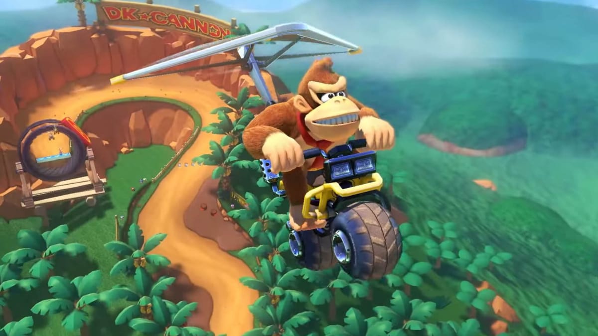 Donkey Kong grinning as he's launched from the cannon on DK Mountain in the new Mario Kart 8 Deluxe DLC