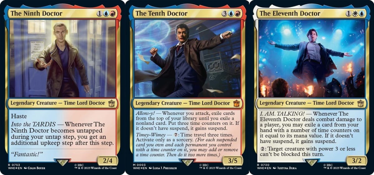 Doctor Who Commander cards of the Ninth, Tenth, and Eleventh Doctors