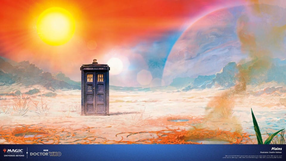 Doctor Who Commander Plains showing the Tardis on an empty, desolate land, with the sun beating down and a planet or moon looming large in the background