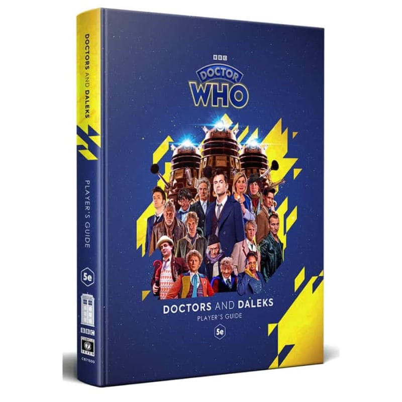 The hardcover art of the Doctors and Daleks Players Guide, featuring all fourteen versions of The Doctor