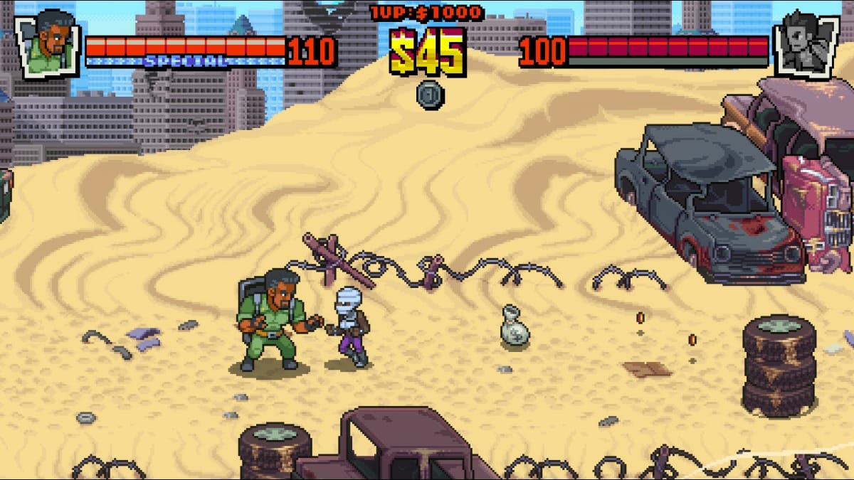A screenshot from Double Dragon Gaiden: Rise of the Dragons Preview featuring Uncle Martin fighting the Triangle Gang in the Desert.