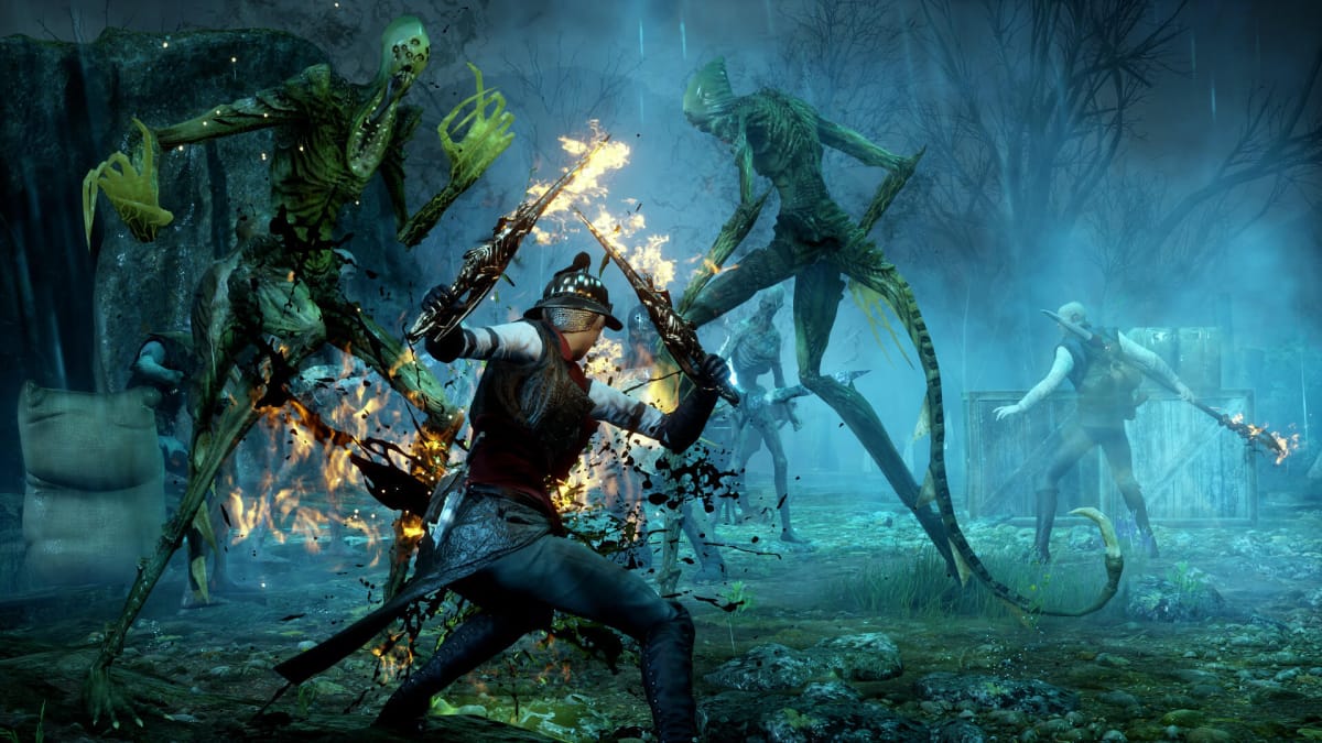 The player attacking monsters in a dark forest in Dragon Age: Inquisition, one of the games shown during the Electronic Arts E3 2013 presentation