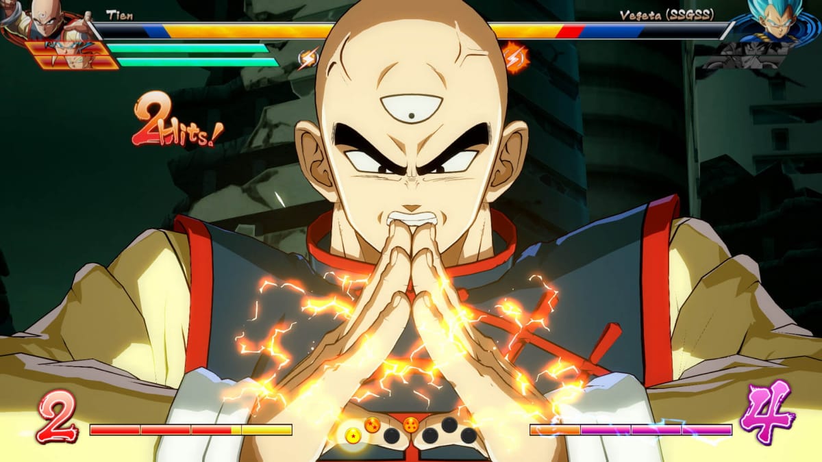 Tien charging an attack in Dragon Ball FighterZ