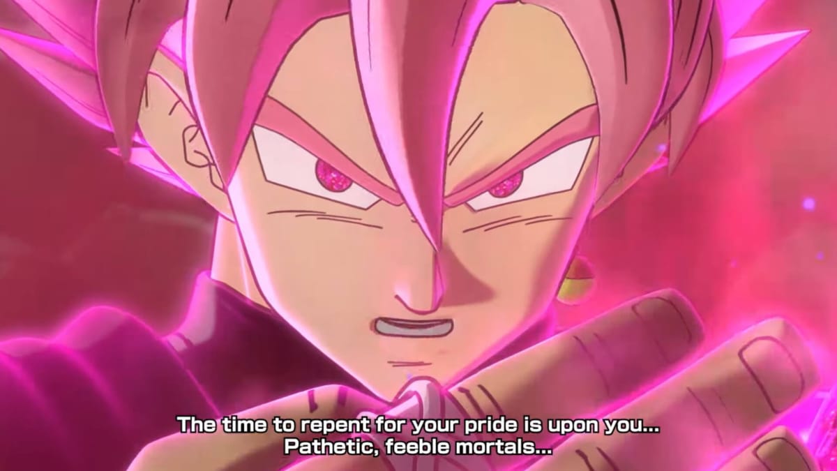 Goku Black saying "the time to repent for your pride is upon you...pathetic, feeble mortals..." in the new Dragon Ball Xenoverse 2 Future Saga DLC