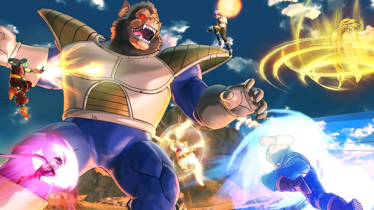 Several players battling Great Ape Vegeta in Dragon Ball Xenoverse 2