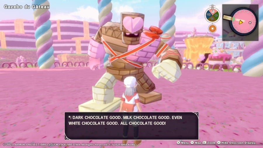 A screenshot of Psaro speaking to a large golem made out of candy from Dragon Quest Monsters: The Dark Prince. The golem is ranting about how good chocolate is