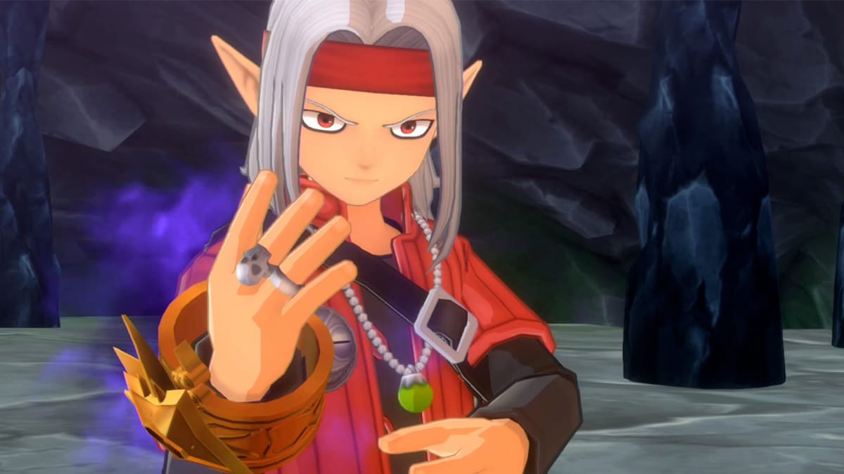 Psaro with his hands raised in a cave in Dragon Quest Monsters: The Dark Prince