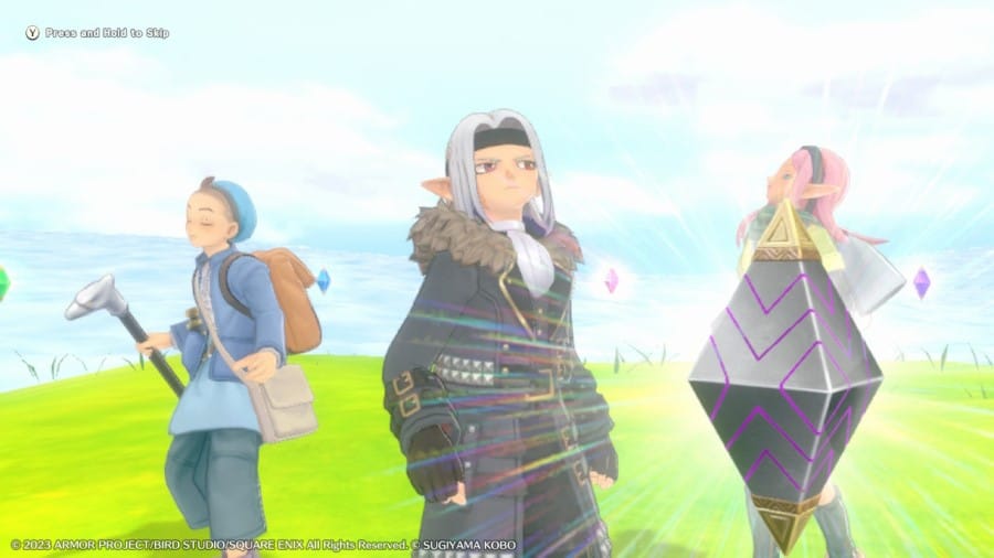 Characters Psaro, Rose, and Toilen from Dragon Quest Monsters: The Dark Prince standing in a open field