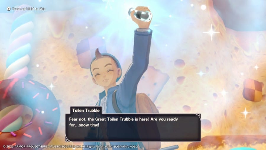 A screenshot of the support character Toilen Truble holding up a magical vial from Dragon Quest Monsters: The Dark Prince
