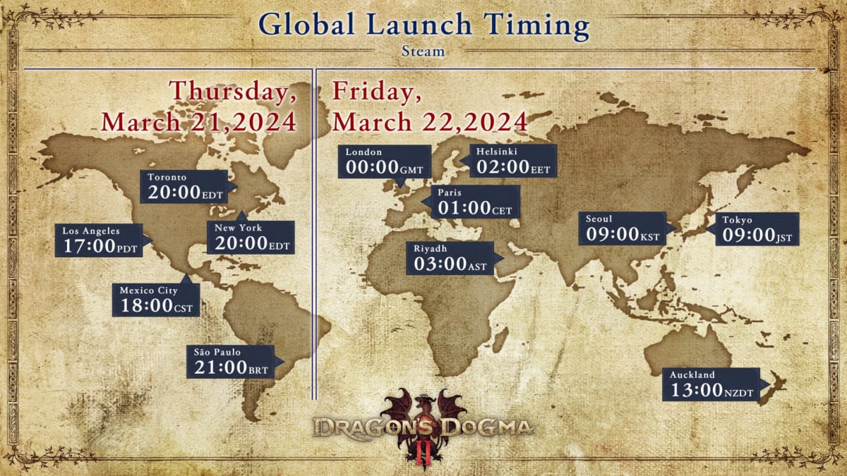 A map showing the global launch timings for Dragon's Dogma 2