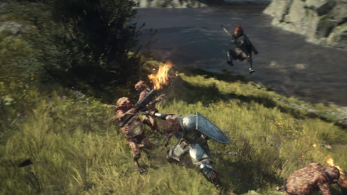 The player stabbing a goblin through the neck in Dragon's Dogma 2