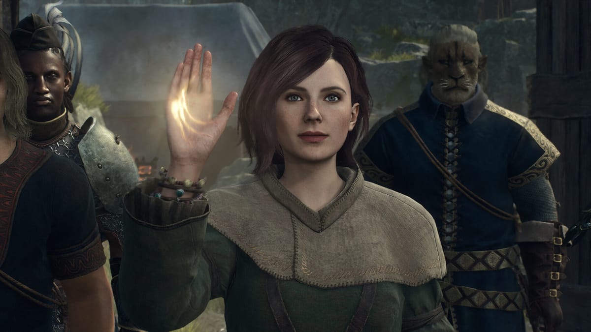 A pawn raising her hand in greeting while others look on in Dragon's Dogma 2