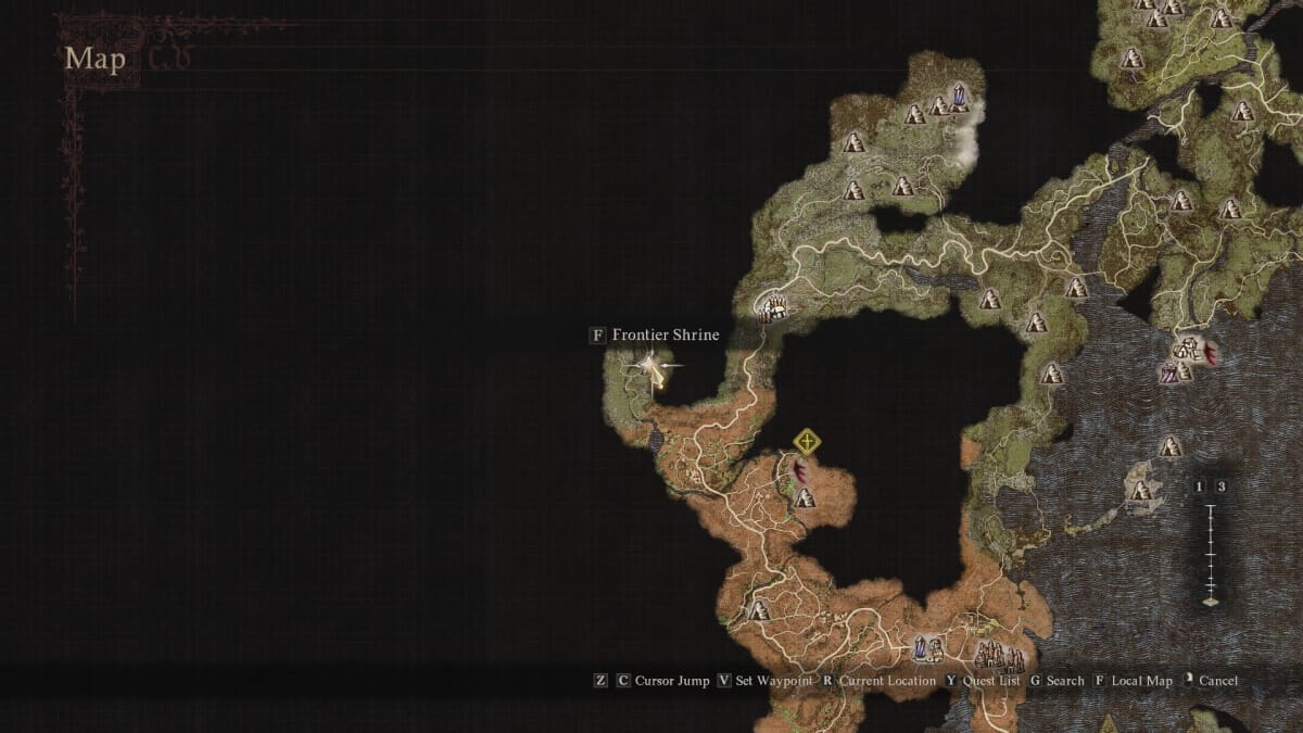 Highlighting the Frontier Shrine location on the world map.