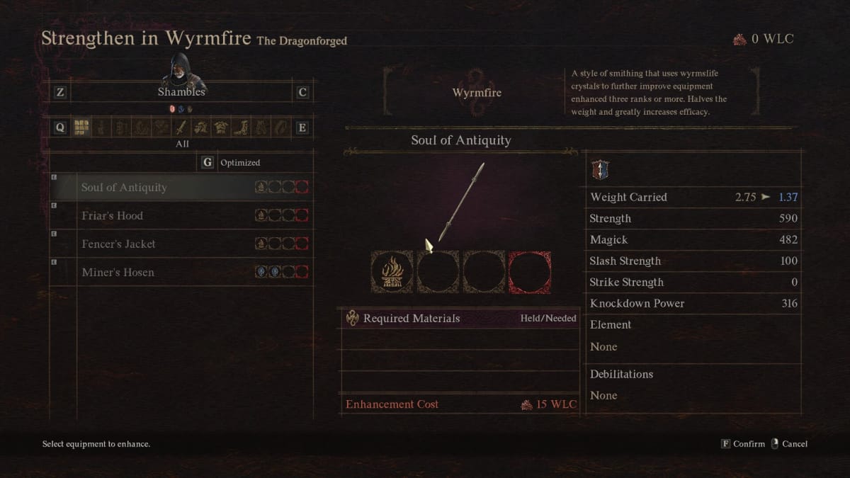 The Wyrmfire upgrade menu.