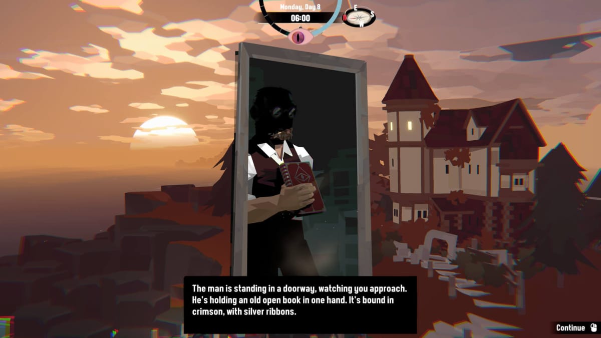 A character holding a book with the text "The man is standing in a doorway, watching you approach. He's holding an old open book in one hand. It's bound in crimson, with silver ribbons." near the bottom in Dredge