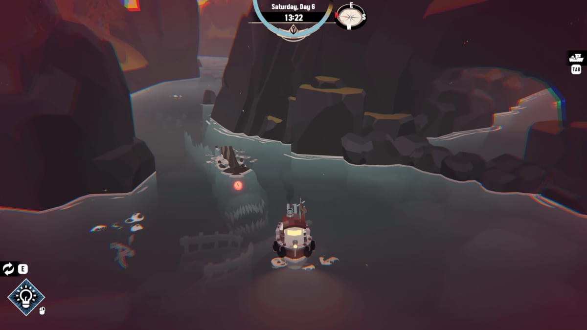 The player being chased by a giant sea monster in Dredge