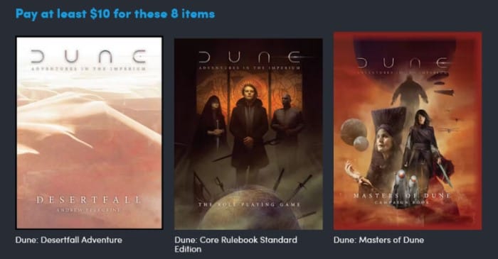 A screenshot of available books from the Dune Adventures Tabletop RPG Bundle