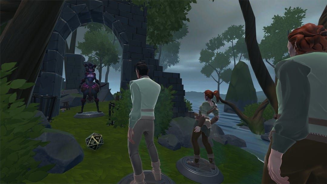 A screenshot of the Full Dive mode, showing several player miniatures in a forest from Dungeon Full Dive