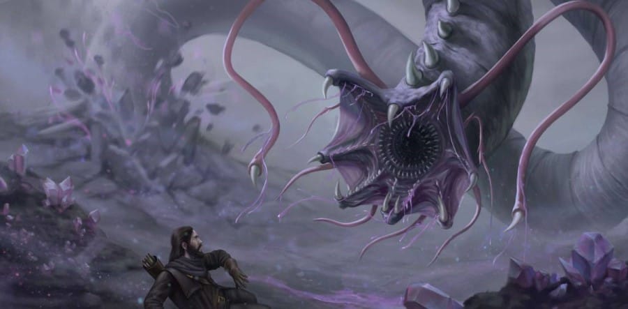 Artwork from Dungeons of Drakkenheim showing an adventurer surrounded by a gigantic eldritch wormlike creature, mouth open with rows of teeth exposed.