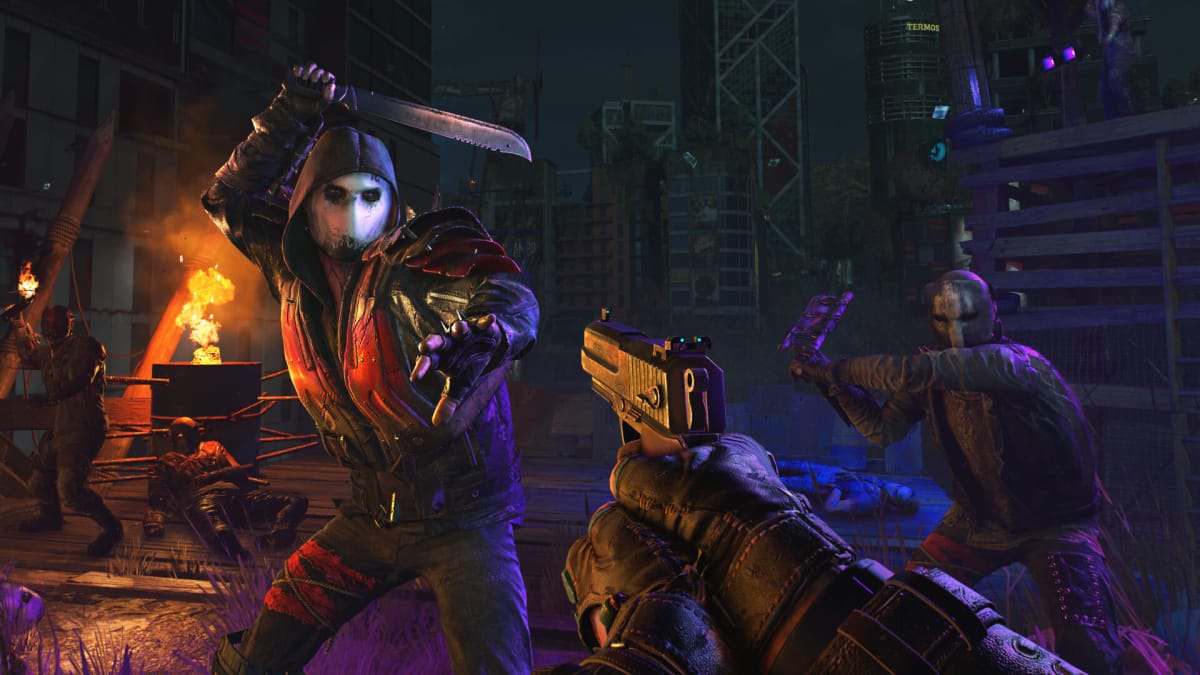 The player aiming a pistol at a bad guy in a mask in Dying Light 2