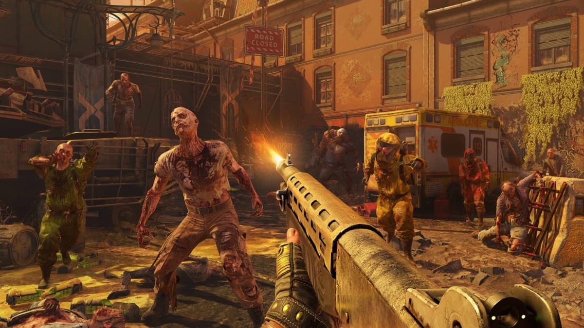 The player shooting at zombies with a firearm in Dying Light 2