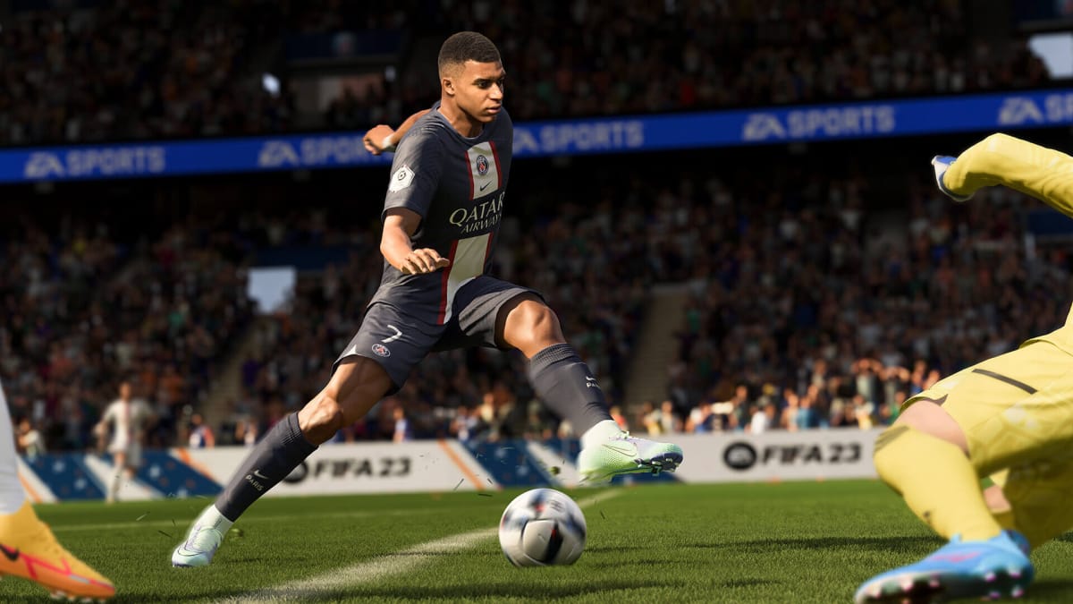 A player dribbling the ball through tackling opponents in FIFA 23, a game which is part of a series accused of using loot boxes for predatory microtransactions