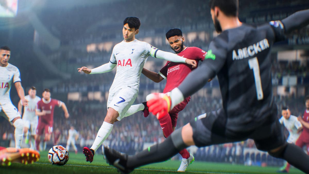 Two players jostling for the ball in EA Sports FC 24