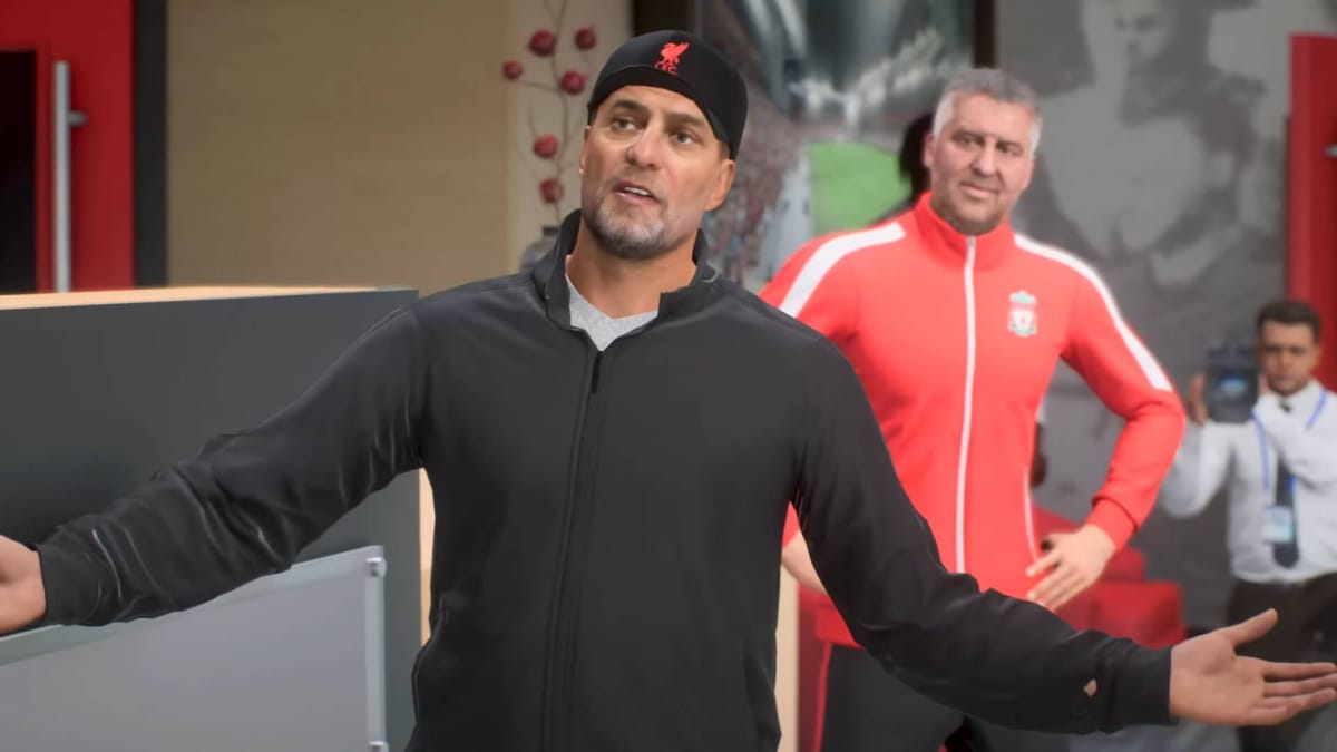 A manager looking at the camera with his arms outstretched in EA Sports FC 24, the game in second place in this week's UK boxed sales charts