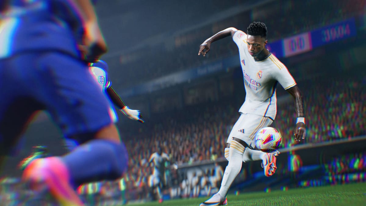 A player dribbling the ball past opponents in EA Sports FC 24, which is number two in the UK boxed sales charts
