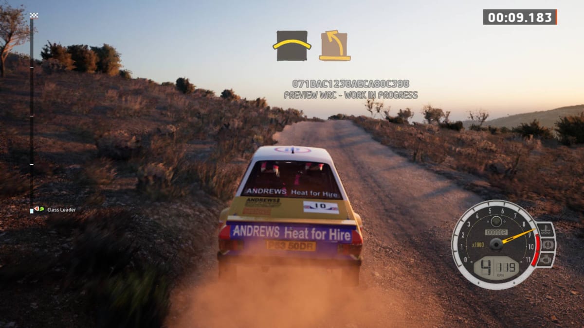 EA Sports WRC screenshot showing a rally car driving down a dusty road with the perspective fixed behind the car 