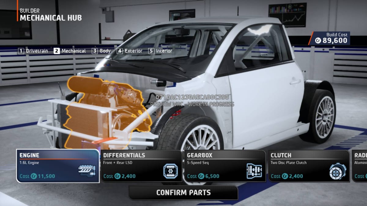 EA Sports WRC screenshot showing a rally car with the bodywork removed to reveal all of the inner parts with the engine block glowing orange