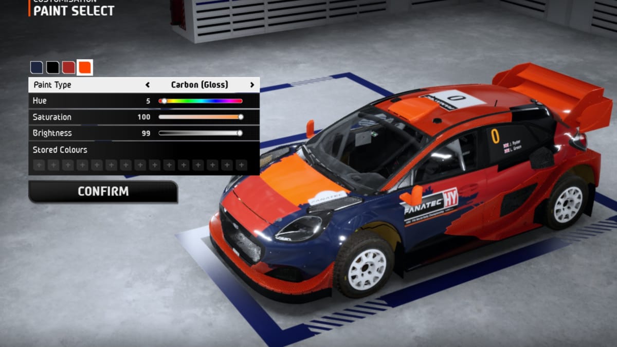 EA Sports WRC screenshot showing an orange and blue car in a paint editor menu with a color selector system