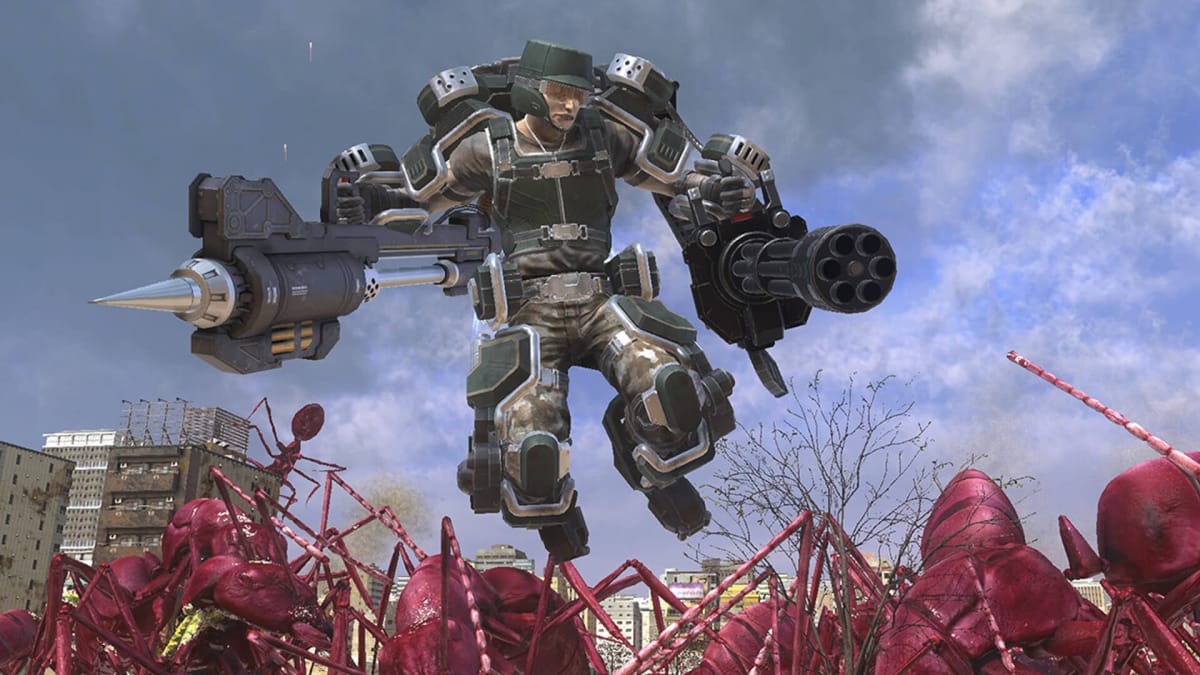 A soldier hovering above a horde of pinkish-purple bugs in Earth Defense Force 6