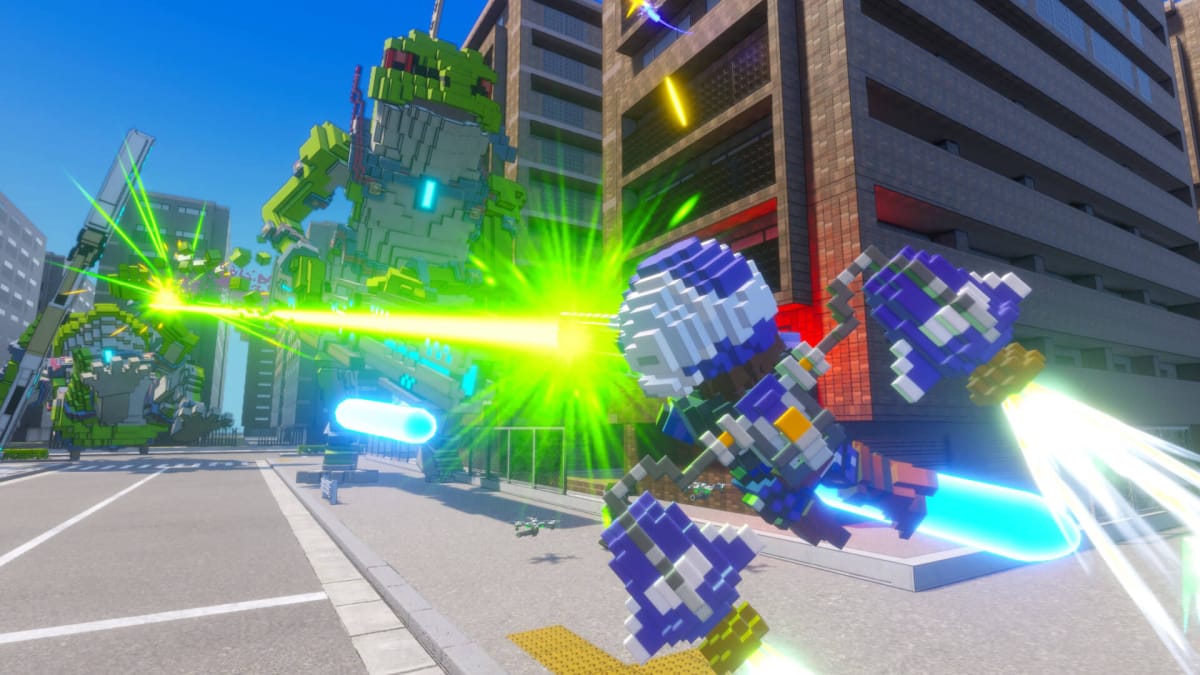 The player blasting bugs with a laser in a city environment in Earth Defense Force: World Brothers 2