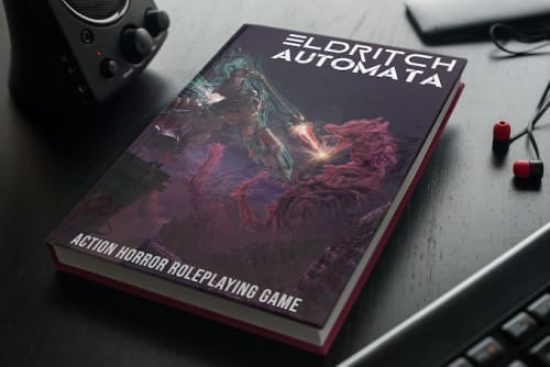 A screenshot of the core rulebook of Eldritch Automata sitting on a table