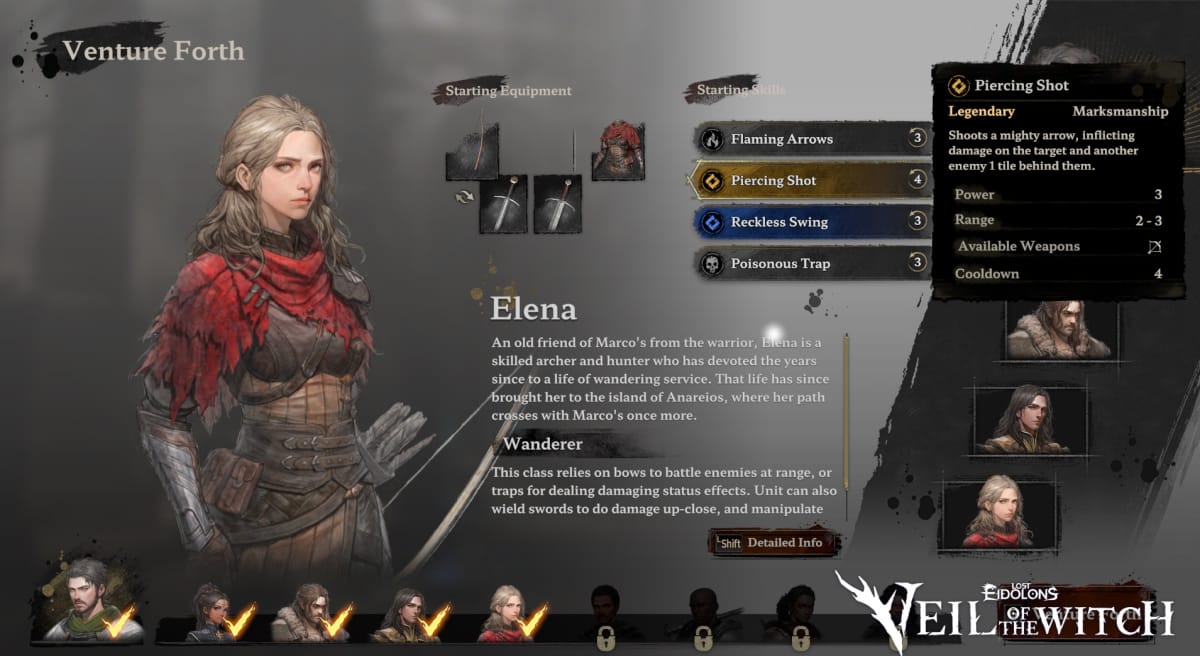 A screenshot of a new character, Elena, from Lost Eidolons: Veil of the Witch.
