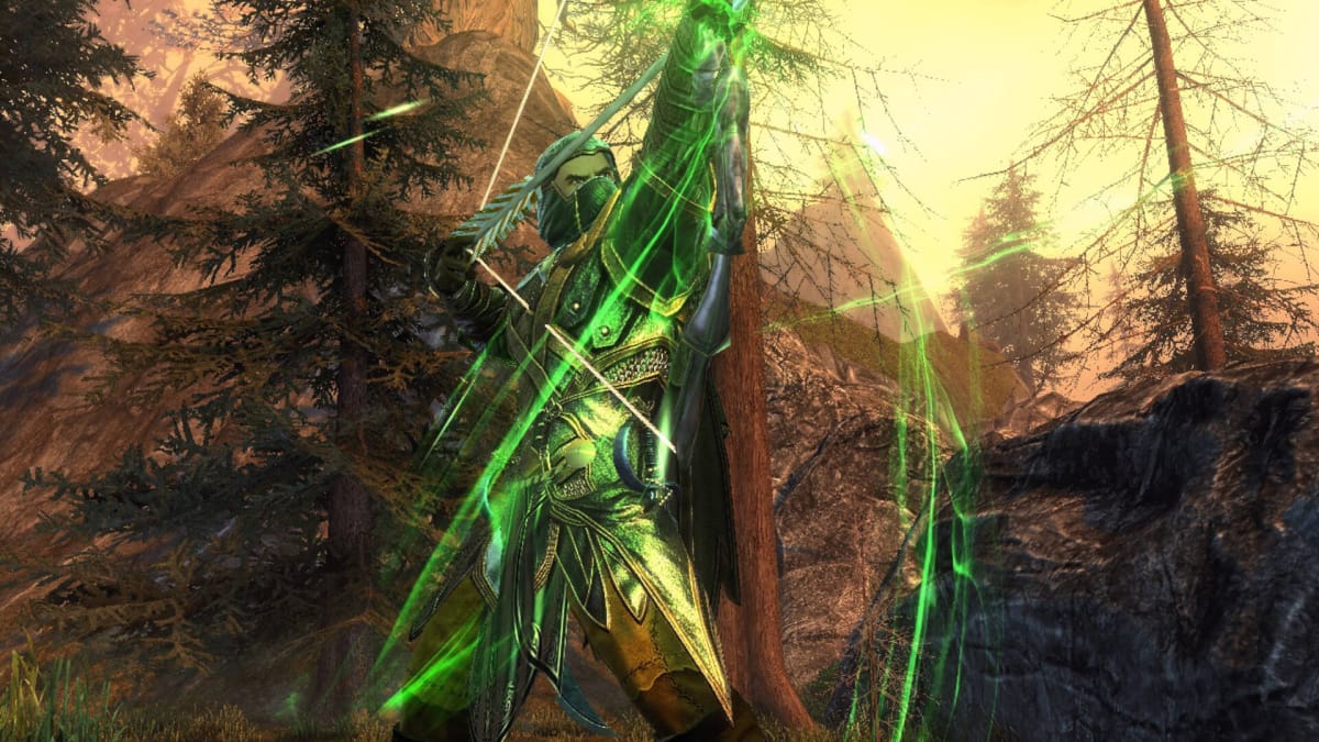 A player wielding a bow in a forest in Neverwinter, a game under the Embracer Group umbrella via Cryptic Studios