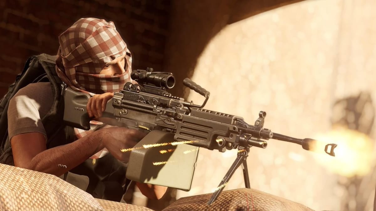 A combatant firing a mounted machine gun in Insurgency: Sandstorm, a game developed by the Saber Interactive-owned New World Interactive