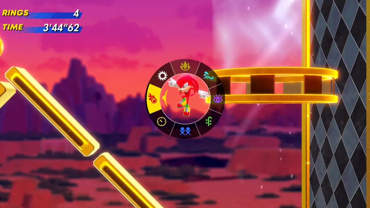 Knuckles in mid air between platforms selecting an Emerald Ability on the ability wheel from Sonic Superstars