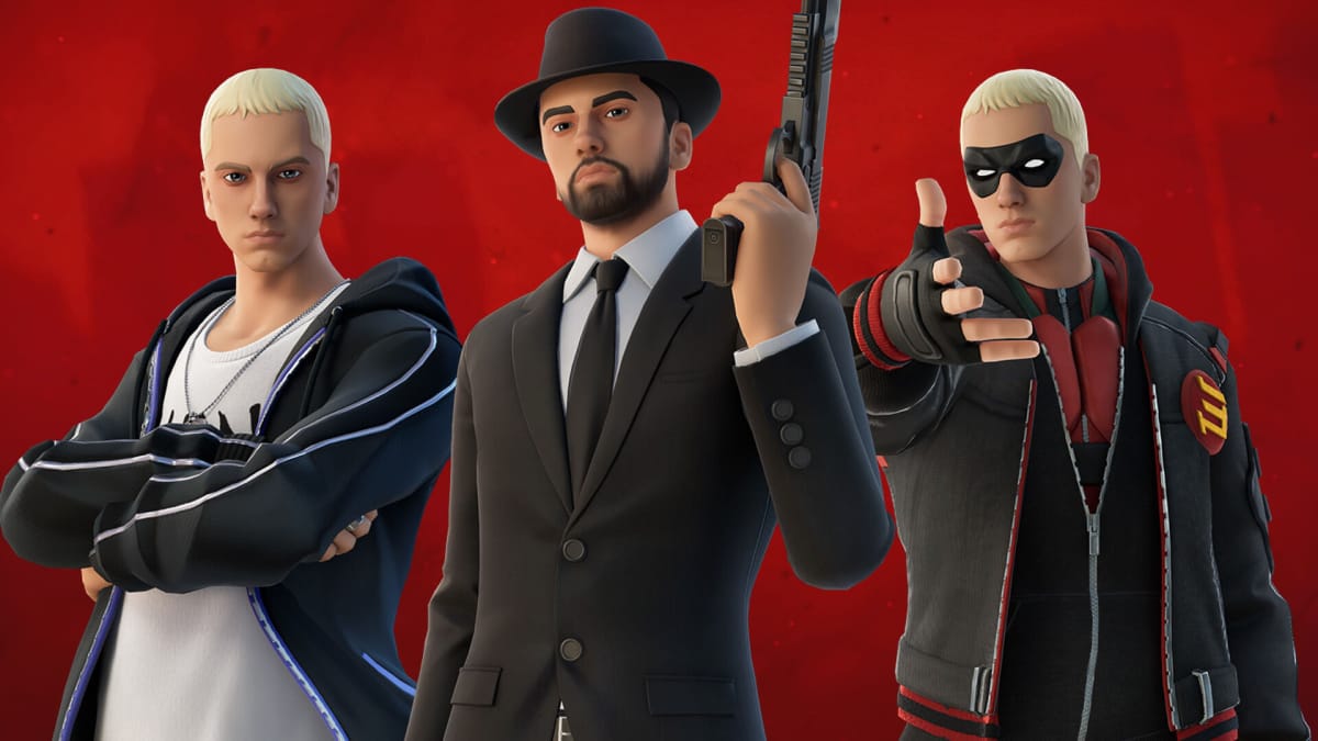 Three different incarnations of Eminem represented as Fortnite outfits