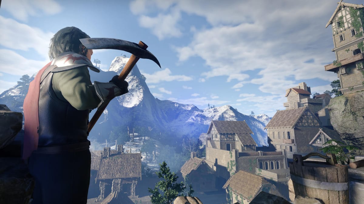 An Enshrouded character wielding a pickaxe and looking out over a town
