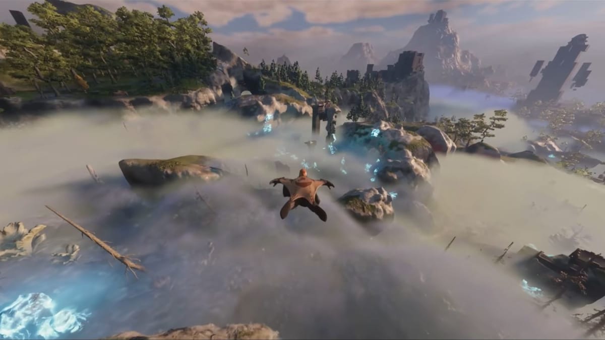 A player soaring over Enshrouded's landscape with a wingsuit