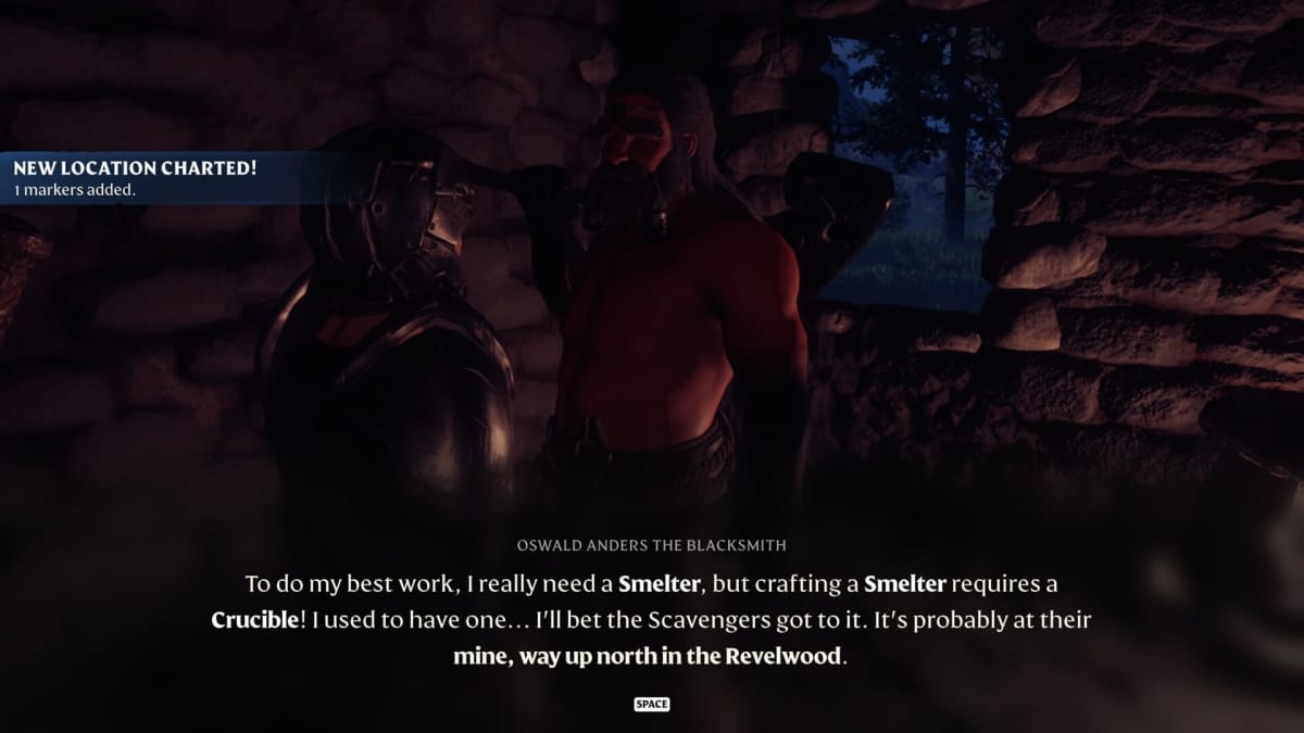 Image of the Blacksmith in Enshrouded Explaining He Needs a Smelter