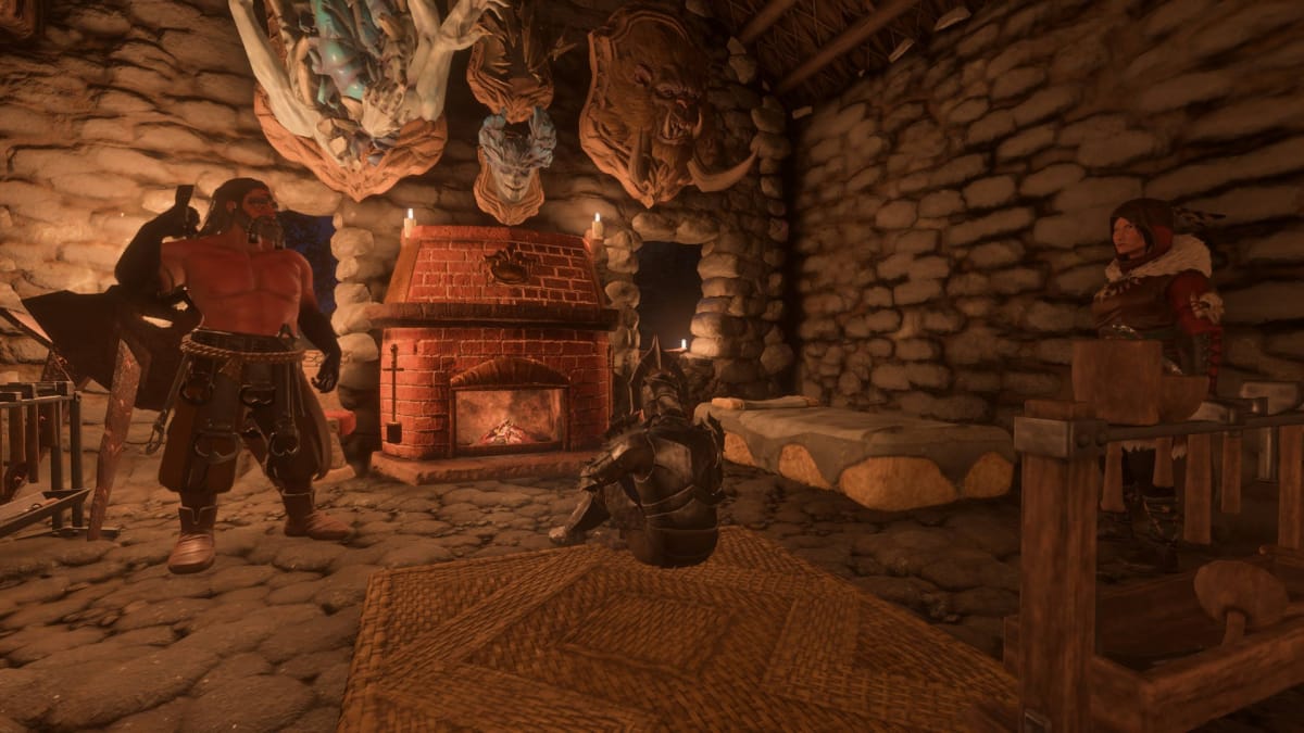 Enshrouded Building and Comfort Guide - Sitting at a Fireplace in a House with the Blacksmith and Hunter NPCs Nearby